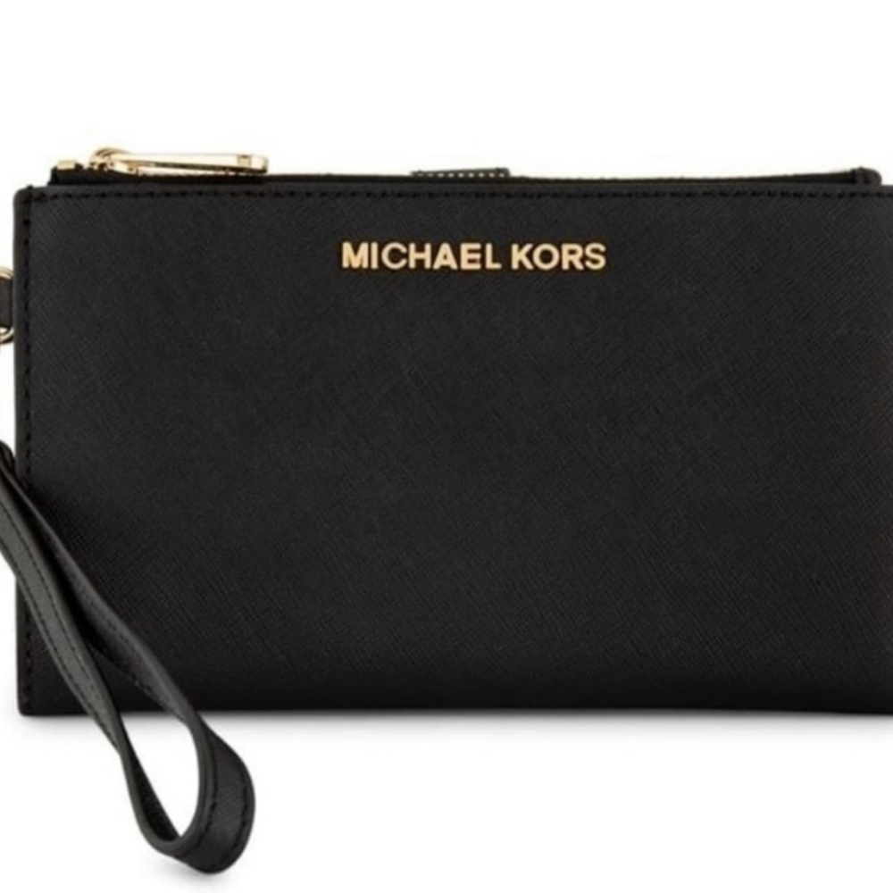 Michael Kors Jet Set Travel Double Zip Wristlet Black Saffiano Wallet Leather